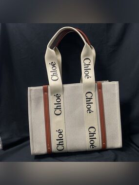 Beige Canvas & Brown Leather Logo Tote